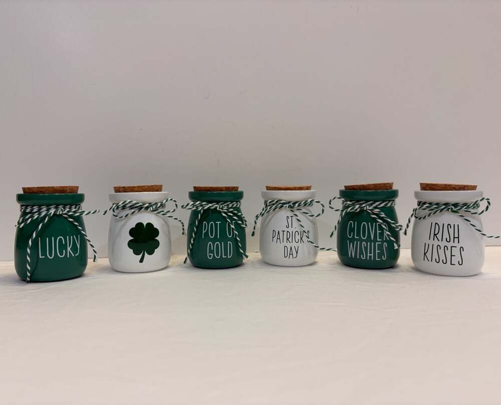 Set of 6 St. Patrick's Day Decorative Mini Glass Jars with Cork Lids